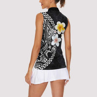 Hawaiian Hibiscus and Plumeria Polynesian Tribal Tattoo Women Sleeveless Polo Shirt Black Color