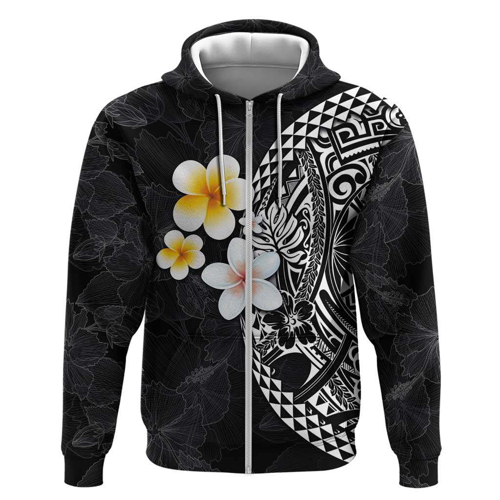 Hawaiian Hibiscus and Plumeria Polynesian Tribal Tattoo Zip Hoodie Black Color LT03 Zip Hoodie Black - Polynesian Pride
