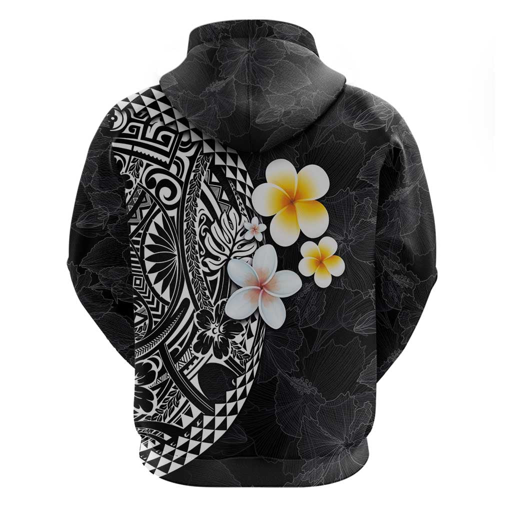 Hawaiian Hibiscus and Plumeria Polynesian Tribal Tattoo Zip Hoodie Black Color