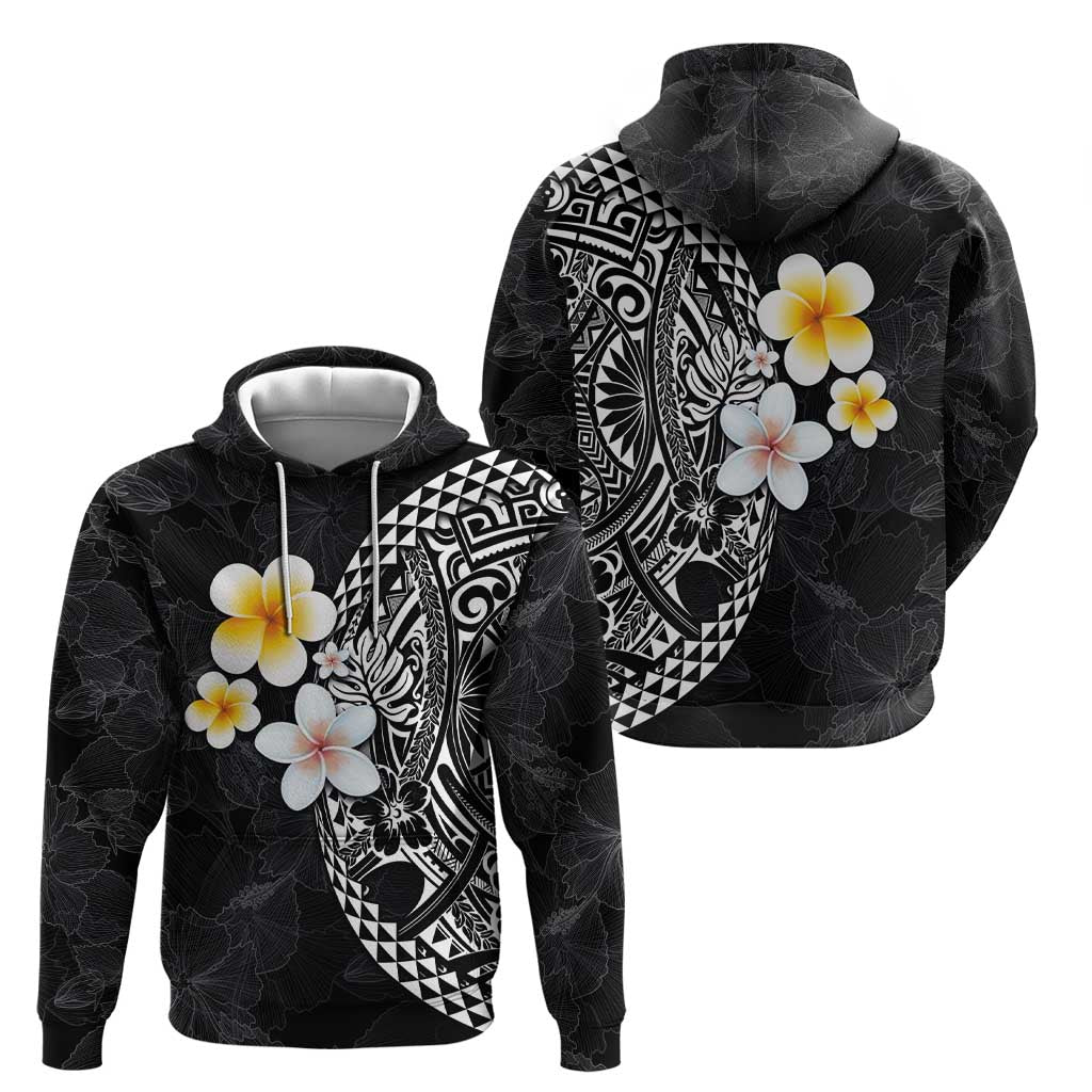 Hawaiian Hibiscus and Plumeria Polynesian Tribal Tattoo Zip Hoodie Black Color