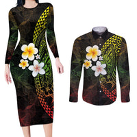 Hawaiian Hibiscus and Plumeria Polynesian Tribal Tattoo Couples Matching Long Sleeve Bodycon Dress and Long Sleeve Button Shirt Reggae Color