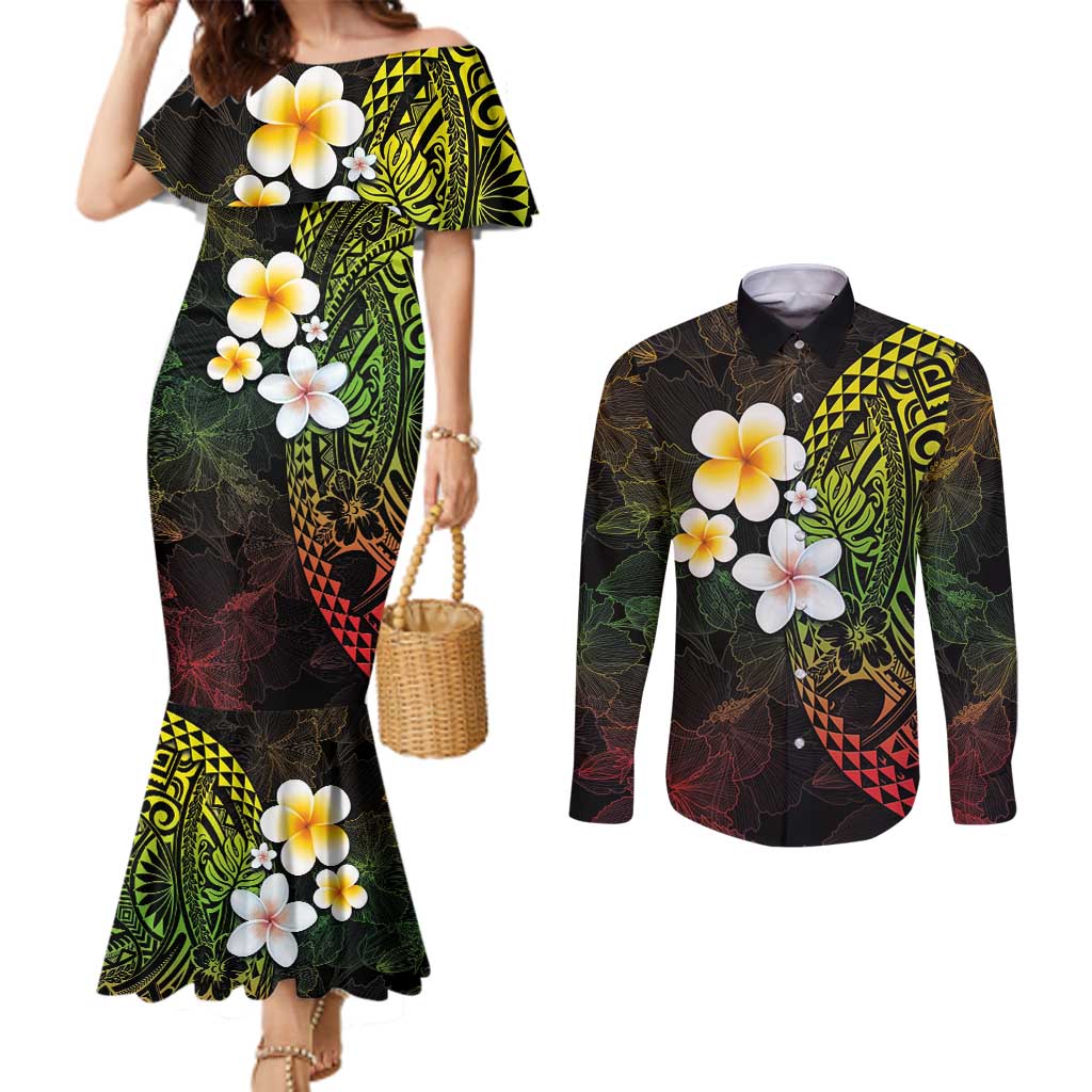 Hawaiian Hibiscus and Plumeria Polynesian Tribal Tattoo Couples Matching Mermaid Dress and Long Sleeve Button Shirt Reggae Color LT03 Reggae - Polynesian Pride