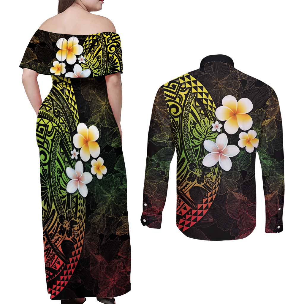 Hawaiian Hibiscus and Plumeria Polynesian Tribal Tattoo Couples Matching Off Shoulder Maxi Dress and Long Sleeve Button Shirt Reggae Color