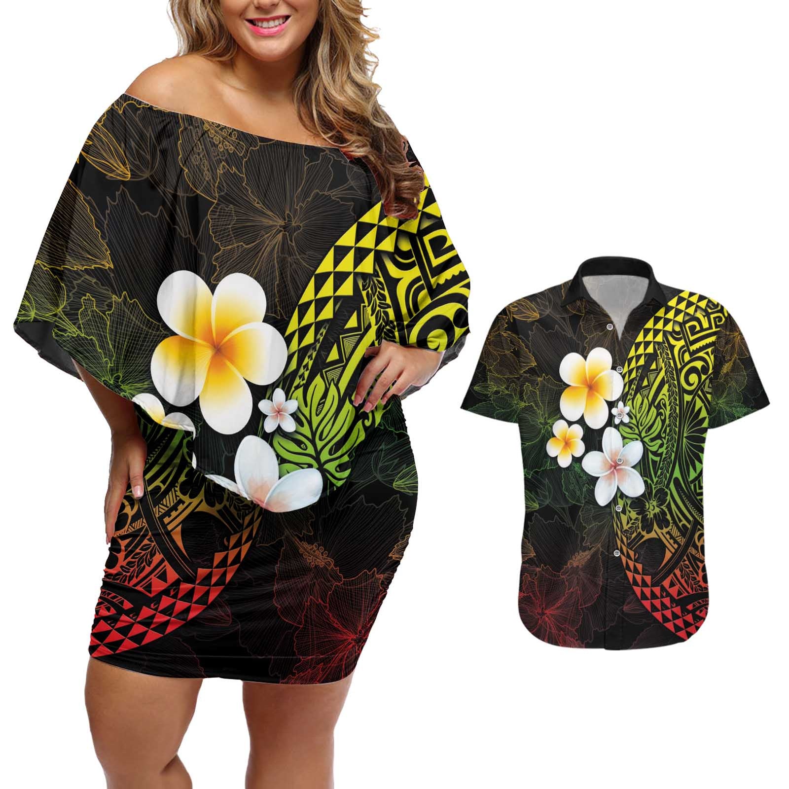 Hawaiian Hibiscus and Plumeria Polynesian Tribal Tattoo Couples Matching Off Shoulder Short Dress and Hawaiian Shirt Reggae Color LT03 Reggae - Polynesian Pride