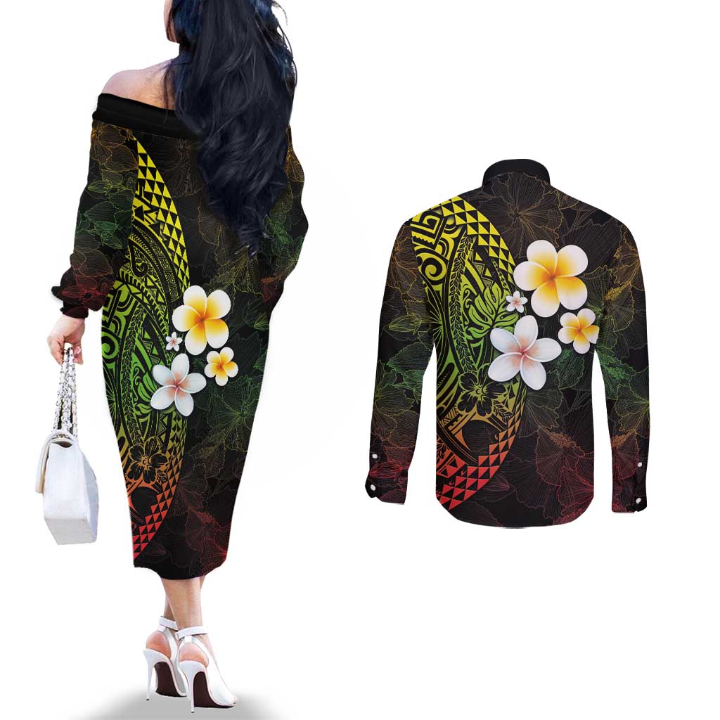 Hawaiian Hibiscus and Plumeria Polynesian Tribal Tattoo Couples Matching Off The Shoulder Long Sleeve Dress and Long Sleeve Button Shirt Reggae Color