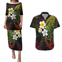 Hawaiian Hibiscus and Plumeria Polynesian Tribal Tattoo Couples Matching Puletasi and Hawaiian Shirt Reggae Color