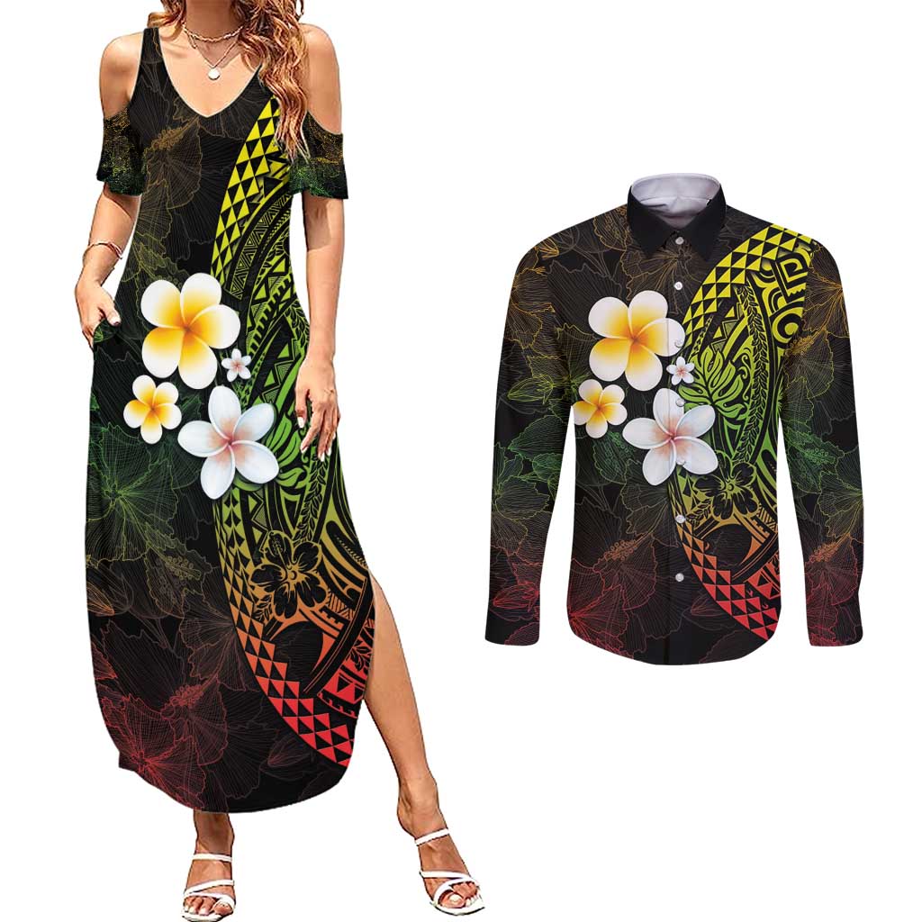 Hawaiian Hibiscus and Plumeria Polynesian Tribal Tattoo Couples Matching Summer Maxi Dress and Long Sleeve Button Shirt Reggae Color LT03 Reggae - Polynesian Pride