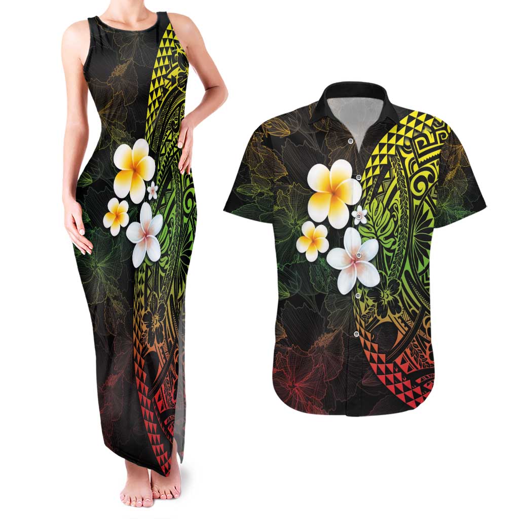 Hawaiian Hibiscus and Plumeria Polynesian Tribal Tattoo Couples Matching Tank Maxi Dress and Hawaiian Shirt Reggae Color LT03 Reggae - Polynesian Pride