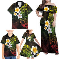 Hawaiian Hibiscus and Plumeria Polynesian Tribal Tattoo Family Matching Off Shoulder Maxi Dress and Hawaiian Shirt Reggae Color