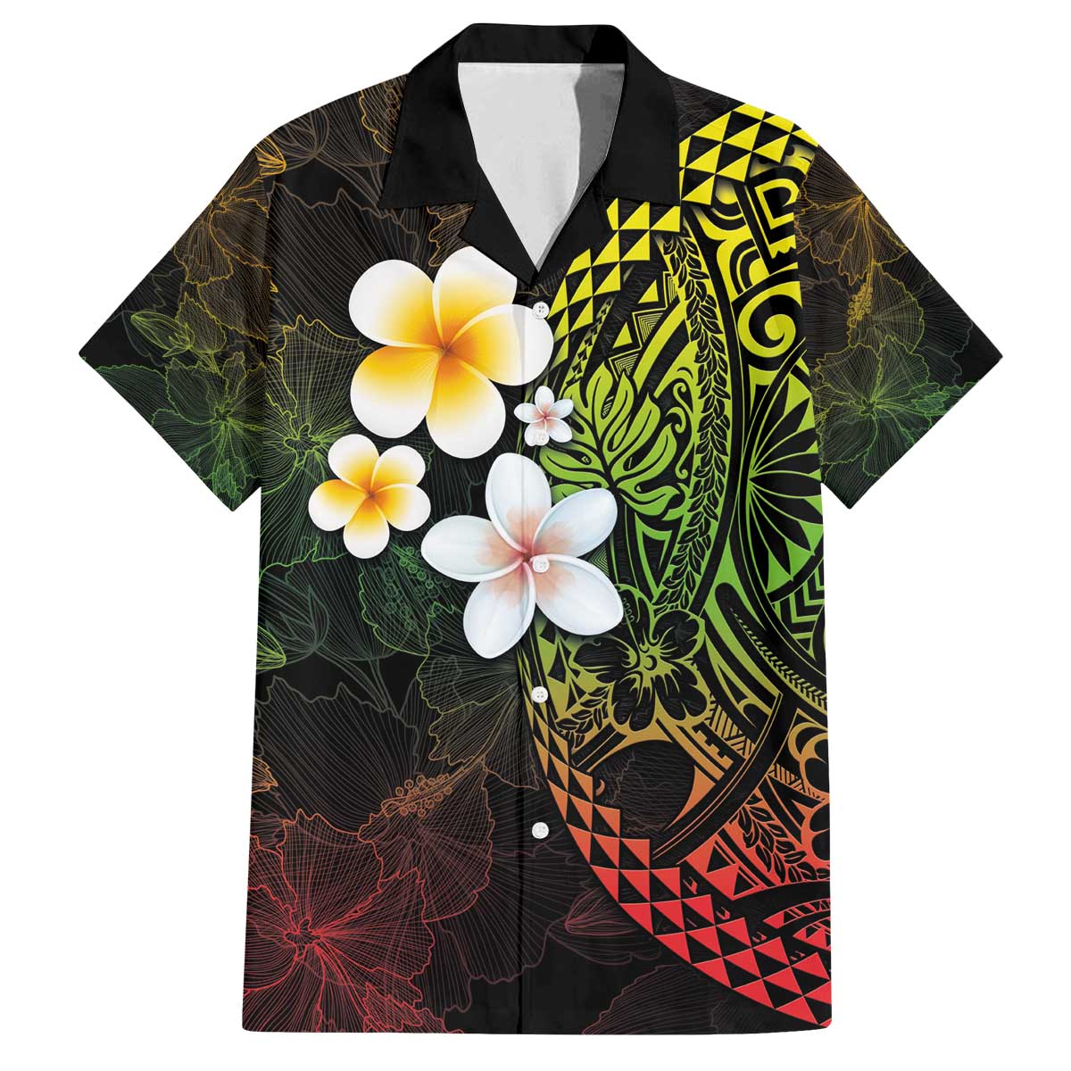 Hawaiian Hibiscus and Plumeria Polynesian Tribal Tattoo Family Matching Off Shoulder Short Dress and Hawaiian Shirt Reggae Color LT03 Dad's Shirt - Short Sleeve Reggae - Polynesian Pride