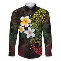 Hawaiian Hibiscus and Plumeria Polynesian Tribal Tattoo Family Matching Off Shoulder Short Dress and Hawaiian Shirt Reggae Color LT03 Dad's Shirt - Long Sleeve Reggae - Polynesian Pride