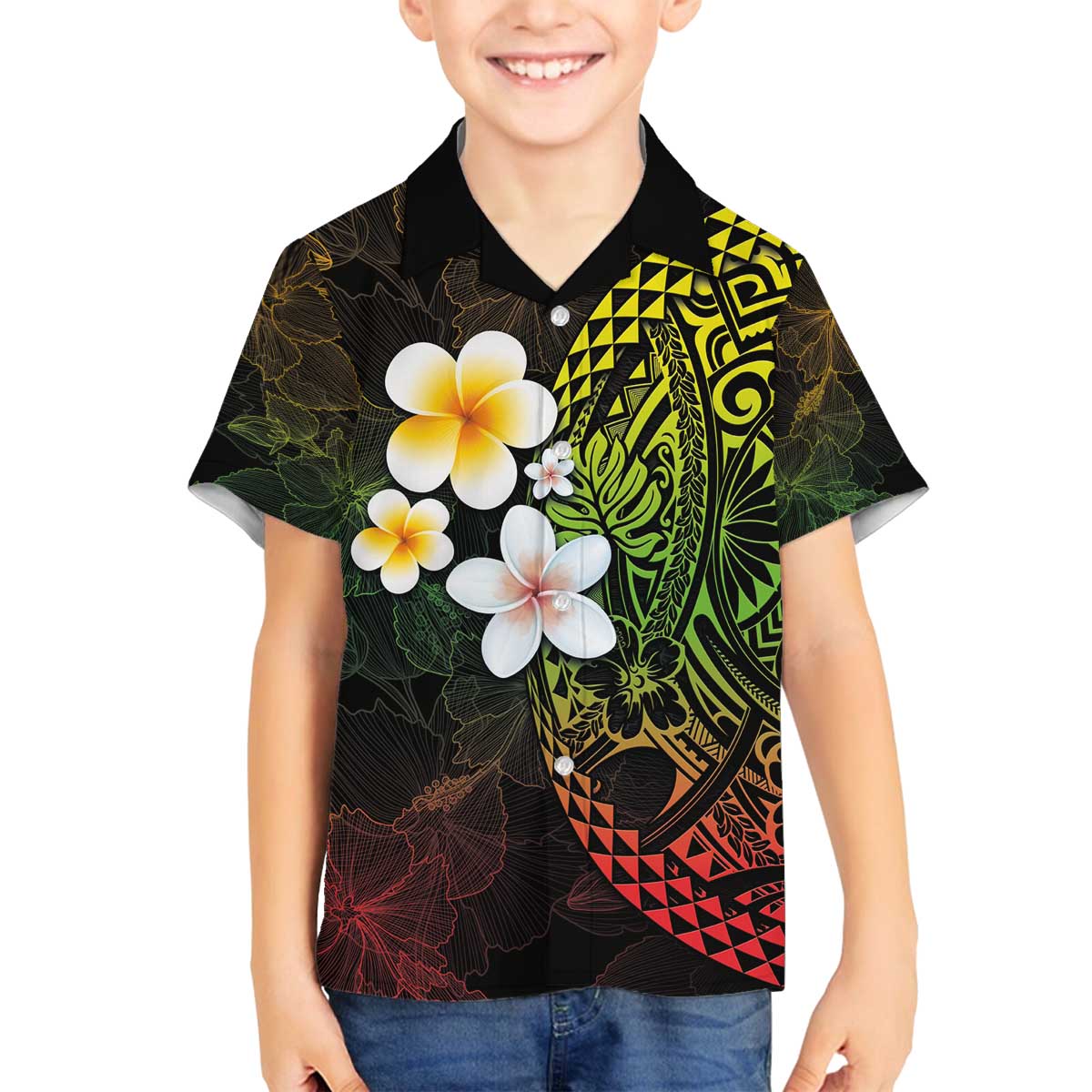 Hawaiian Hibiscus and Plumeria Polynesian Tribal Tattoo Family Matching Off Shoulder Short Dress and Hawaiian Shirt Reggae Color LT03 Son's Shirt Reggae - Polynesian Pride