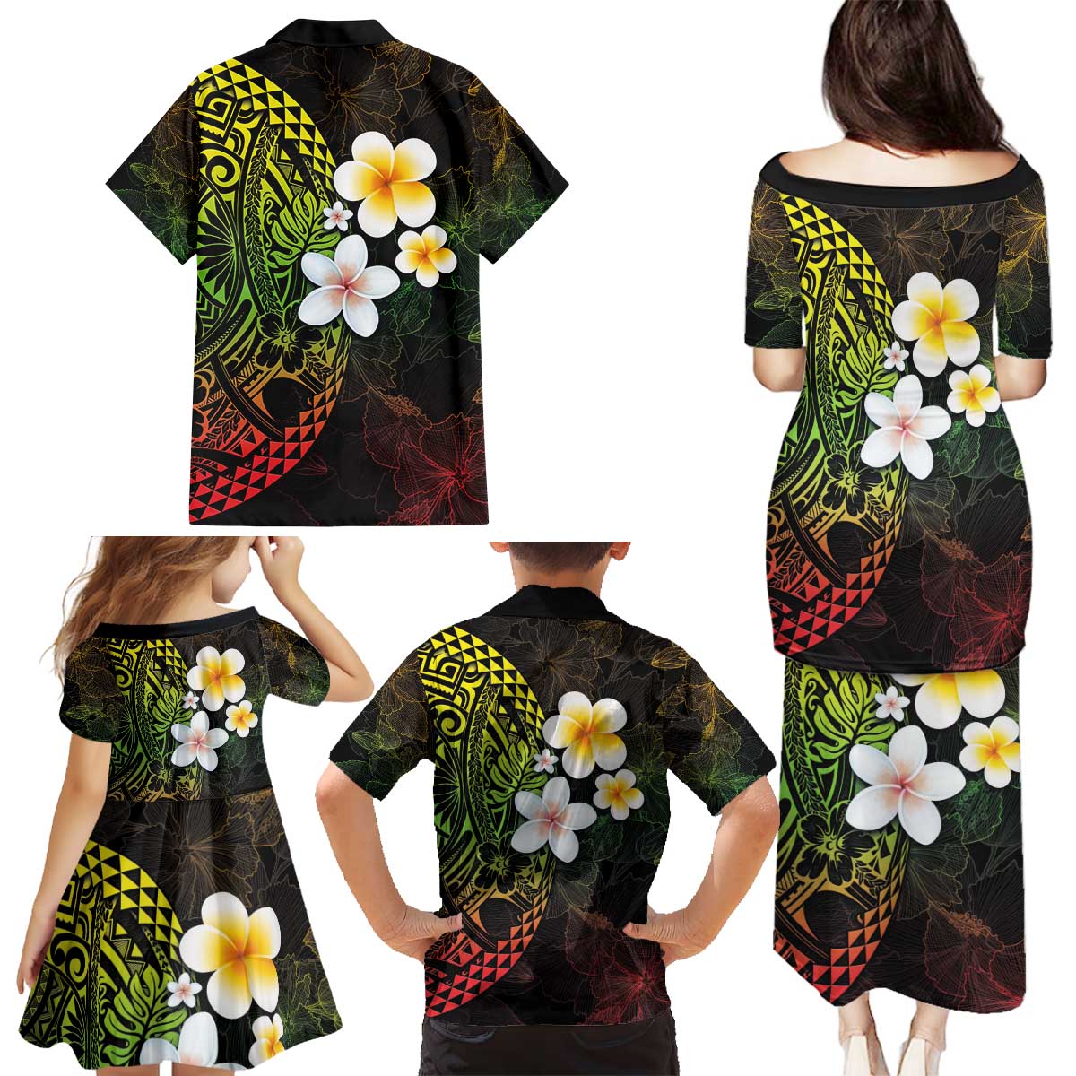 Hawaiian Hibiscus and Plumeria Polynesian Tribal Tattoo Family Matching Puletasi and Hawaiian Shirt Reggae Color
