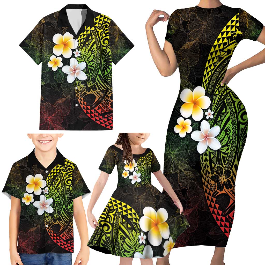 Hawaiian Hibiscus and Plumeria Polynesian Tribal Tattoo Family Matching Short Sleeve Bodycon Dress and Hawaiian Shirt Reggae Color LT03 - Polynesian Pride