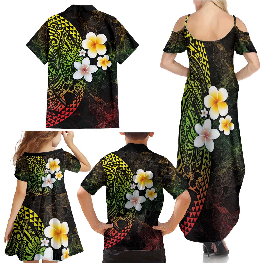Hawaiian Hibiscus and Plumeria Polynesian Tribal Tattoo Family Matching Summer Maxi Dress and Hawaiian Shirt Reggae Color
