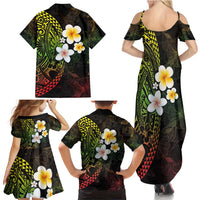 Hawaiian Hibiscus and Plumeria Polynesian Tribal Tattoo Family Matching Summer Maxi Dress and Hawaiian Shirt Reggae Color