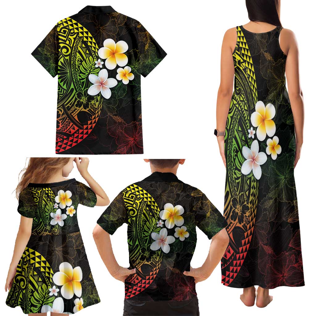 Hawaiian Hibiscus and Plumeria Polynesian Tribal Tattoo Family Matching Tank Maxi Dress and Hawaiian Shirt Reggae Color