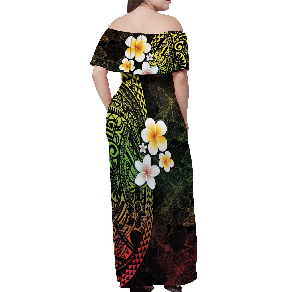 Hawaiian Hibiscus and Plumeria Polynesian Tribal Tattoo Off Shoulder Maxi Dress Reggae Color