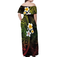 Hawaiian Hibiscus and Plumeria Polynesian Tribal Tattoo Off Shoulder Maxi Dress Reggae Color