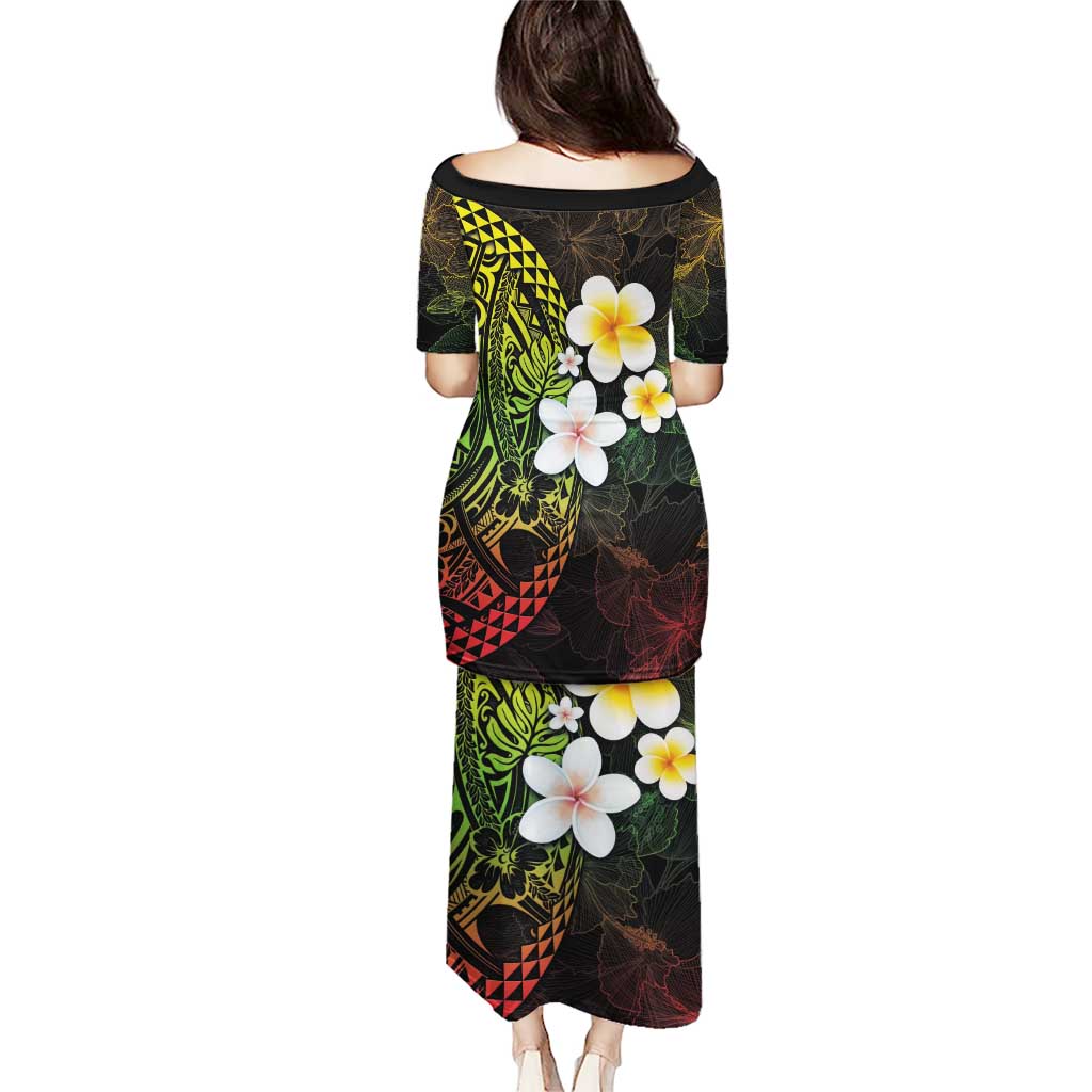 Hawaiian Hibiscus and Plumeria Polynesian Tribal Tattoo Puletasi Reggae Color