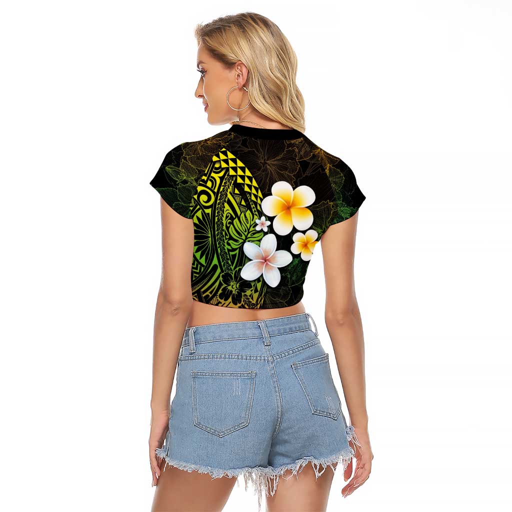 Hawaiian Hibiscus and Plumeria Polynesian Tribal Tattoo Raglan Cropped T Shirt Reggae Color