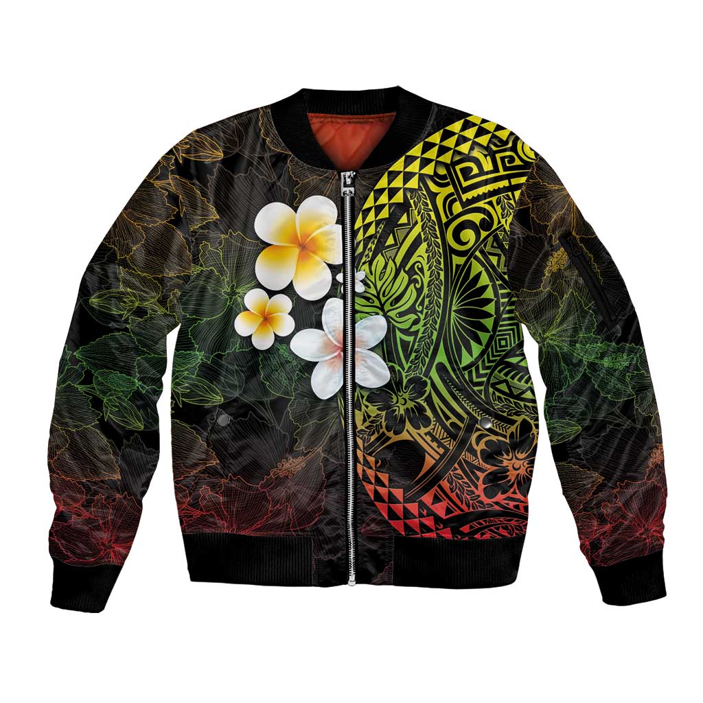 Hawaiian Hibiscus and Plumeria Polynesian Tribal Tattoo Sleeve Zip Bomber Jacket Reggae Color LT03 Unisex Reggae - Polynesian Pride