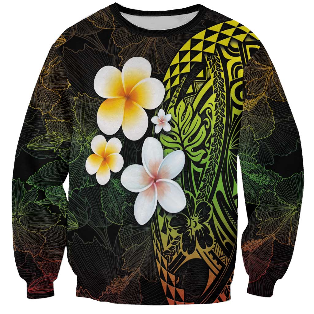 Hawaiian Hibiscus and Plumeria Polynesian Tribal Tattoo Sweatshirt Reggae Color