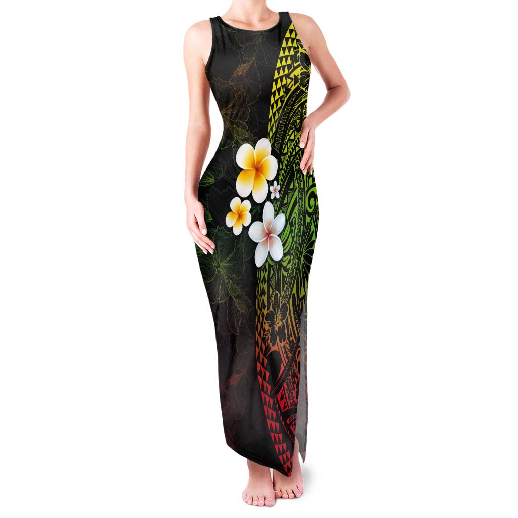Hawaiian Hibiscus and Plumeria Polynesian Tribal Tattoo Tank Maxi Dress Reggae Color