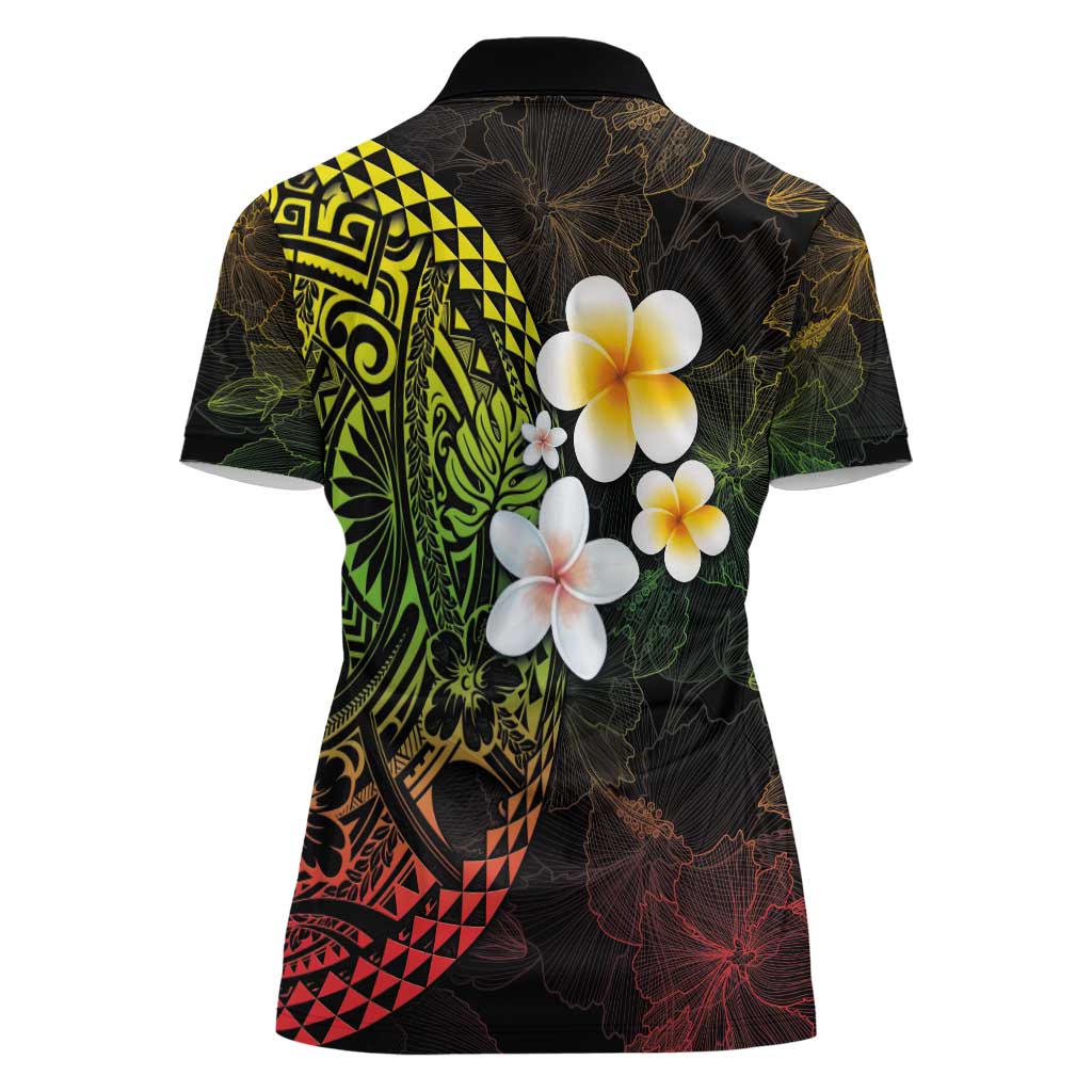 Hawaiian Hibiscus and Plumeria Polynesian Tribal Tattoo Women Polo Shirt Reggae Color