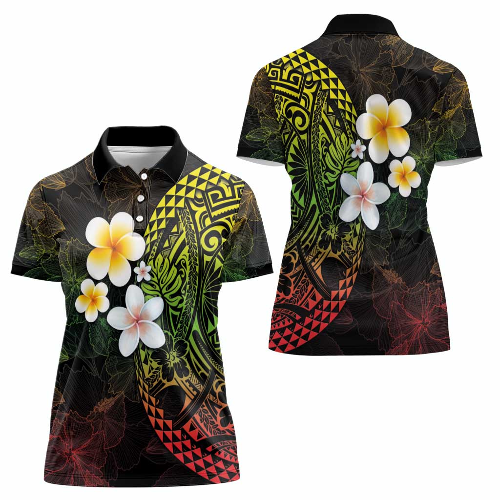 Hawaiian Hibiscus and Plumeria Polynesian Tribal Tattoo Women Polo Shirt Reggae Color
