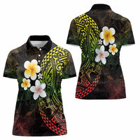 Hawaiian Hibiscus and Plumeria Polynesian Tribal Tattoo Women Polo Shirt Reggae Color