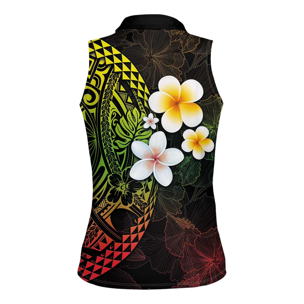 Hawaiian Hibiscus and Plumeria Polynesian Tribal Tattoo Women Sleeveless Polo Shirt Reggae Color