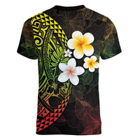 Hawaiian Hibiscus and Plumeria Polynesian Tribal Tattoo Women V-Neck T-Shirt Reggae Color