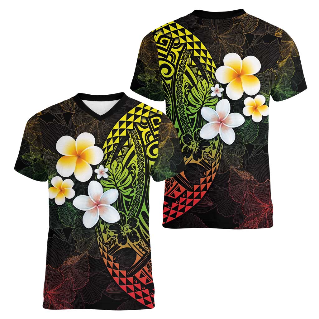 Hawaiian Hibiscus and Plumeria Polynesian Tribal Tattoo Women V-Neck T-Shirt Reggae Color