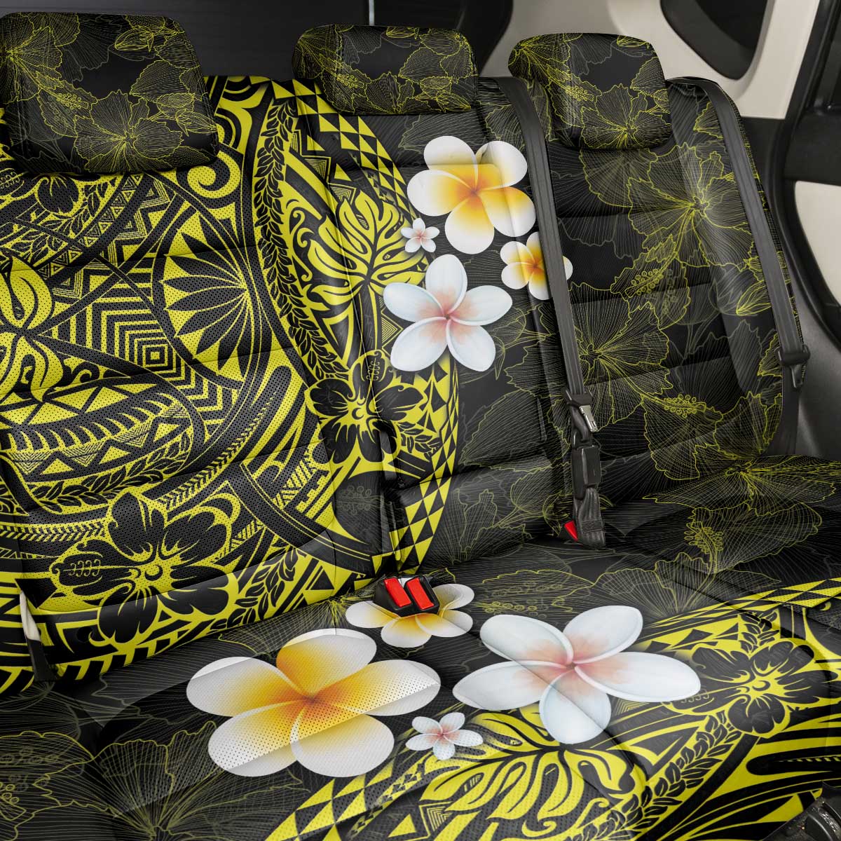 Hawaiian Hibiscus and Plumeria Polynesian Tribal Tattoo Back Car Seat Cover Yellow Color