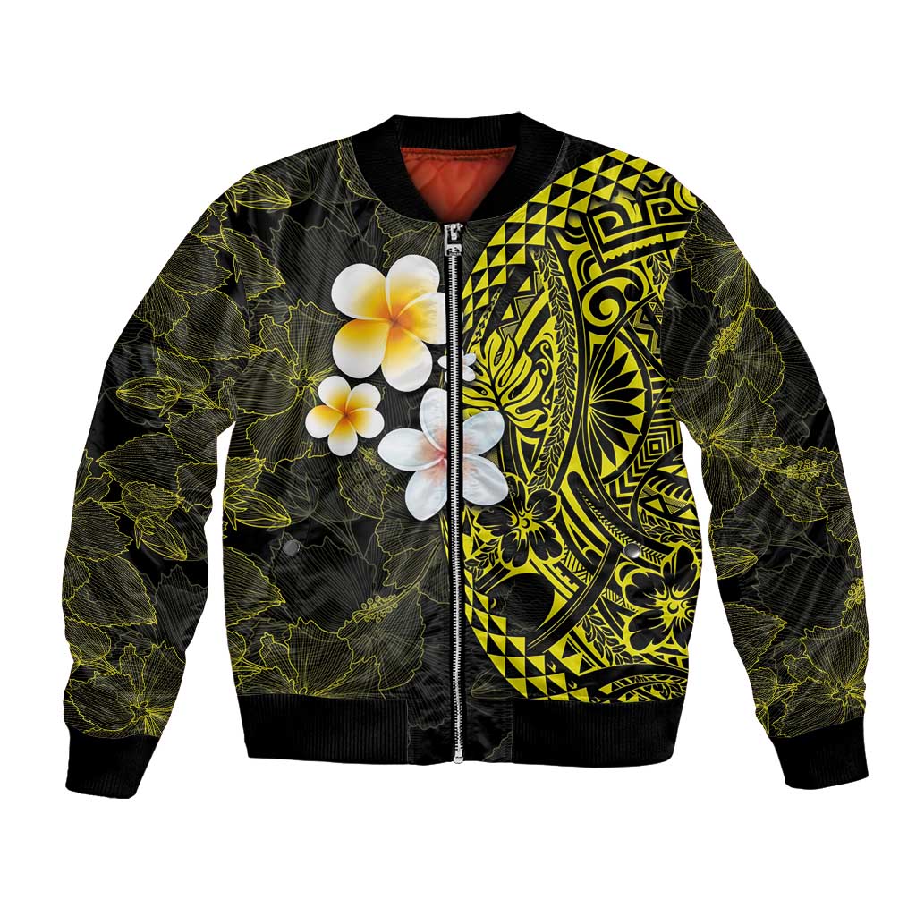 Hawaiian Hibiscus and Plumeria Polynesian Tribal Tattoo Bomber Jacket Yellow Color LT03 Unisex Yellow - Polynesian Pride