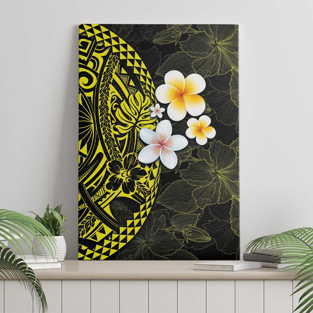 Hawaiian Hibiscus and Plumeria Polynesian Tribal Tattoo Canvas Wall Art Yellow Color