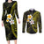 Hawaiian Hibiscus and Plumeria Polynesian Tribal Tattoo Couples Matching Long Sleeve Bodycon Dress and Long Sleeve Button Shirt Yellow Color