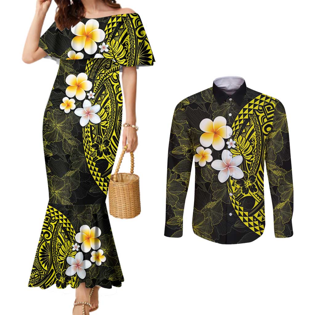 Hawaiian Hibiscus and Plumeria Polynesian Tribal Tattoo Couples Matching Mermaid Dress and Long Sleeve Button Shirt Yellow Color LT03 Yellow - Polynesian Pride