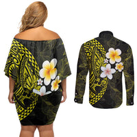 Hawaiian Hibiscus and Plumeria Polynesian Tribal Tattoo Couples Matching Off Shoulder Short Dress and Long Sleeve Button Shirt Yellow Color
