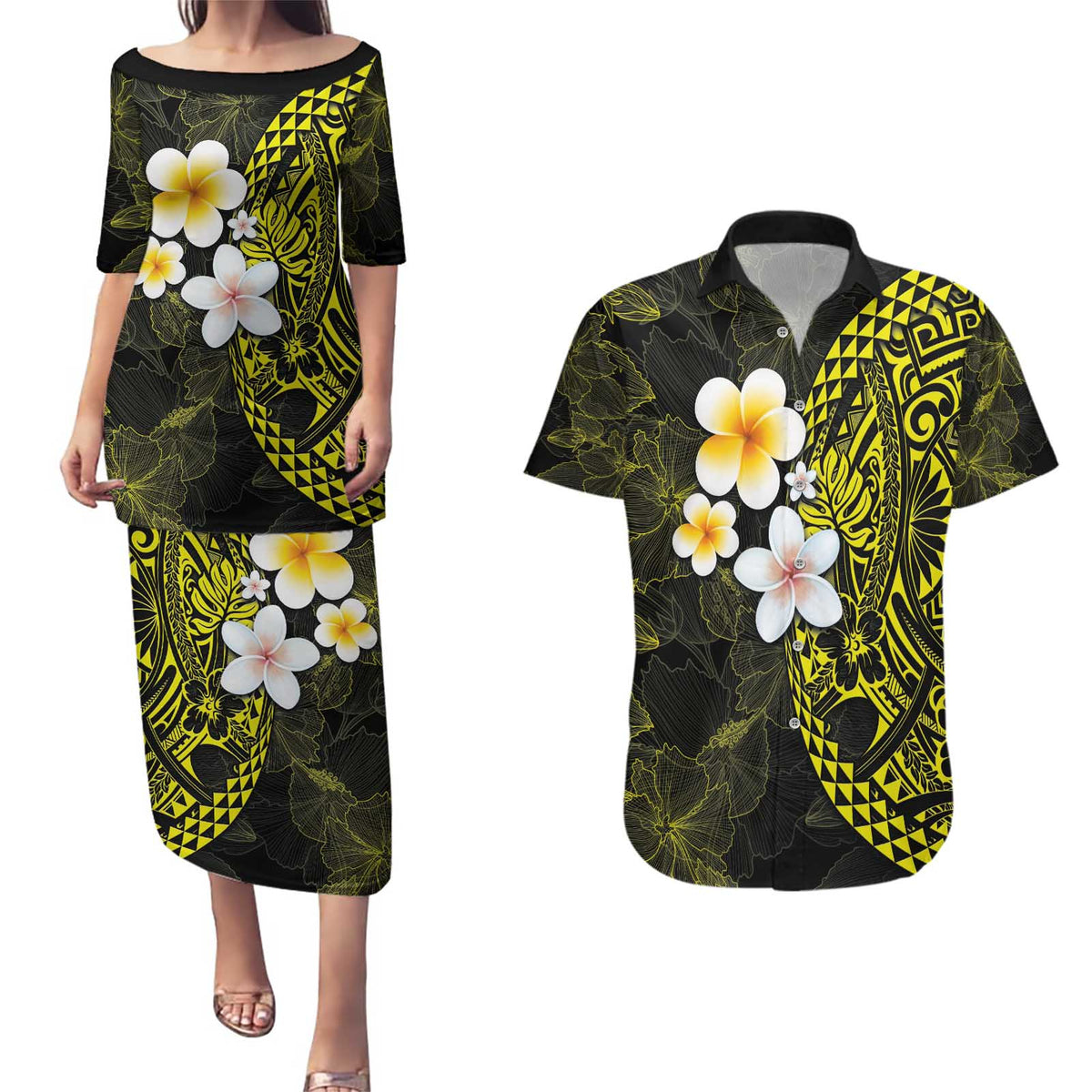 Hawaiian Hibiscus and Plumeria Polynesian Tribal Tattoo Couples Matching Puletasi and Hawaiian Shirt Yellow Color