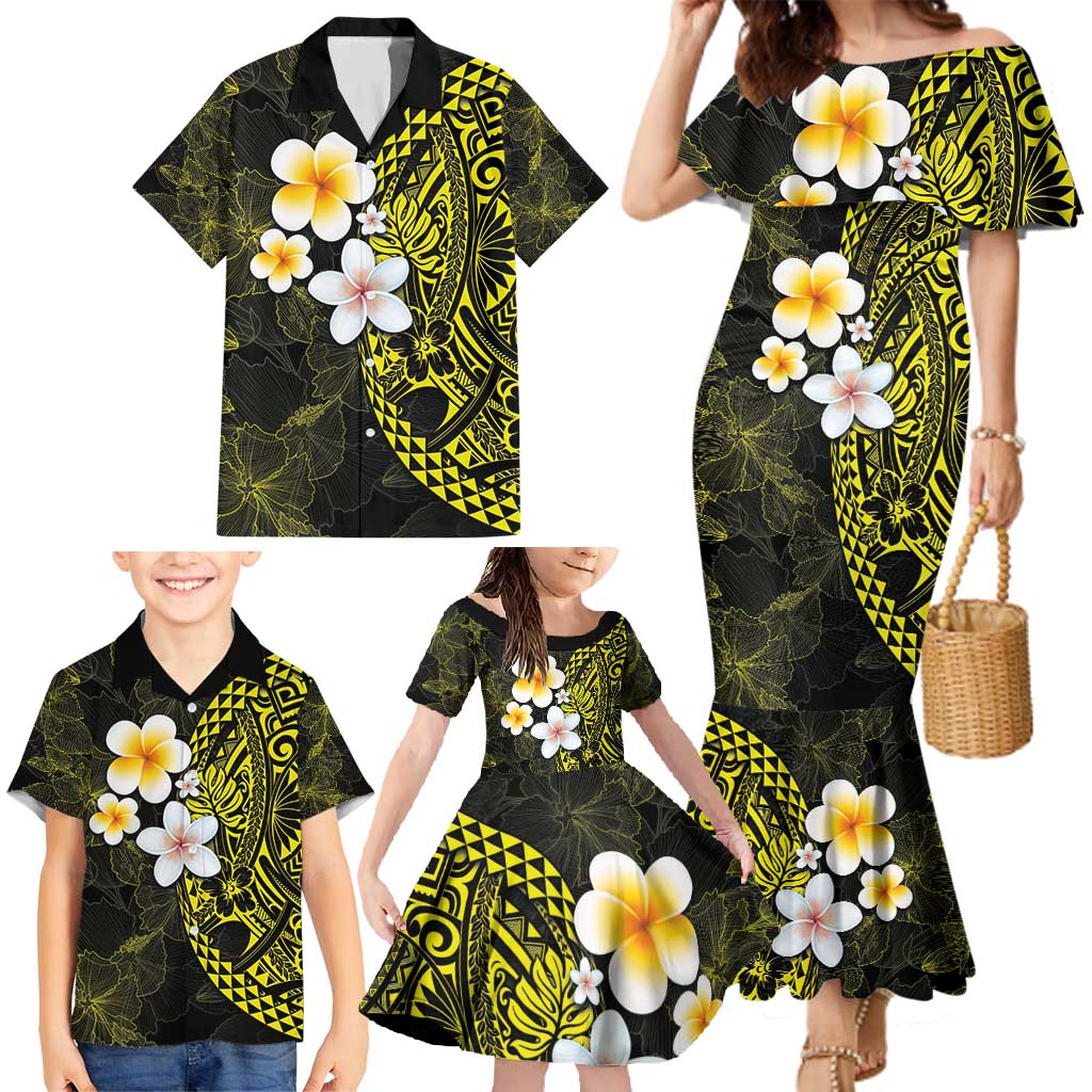 Hawaiian Hibiscus and Plumeria Polynesian Tribal Tattoo Family Matching Mermaid Dress and Hawaiian Shirt Yellow Color LT03 - Polynesian Pride