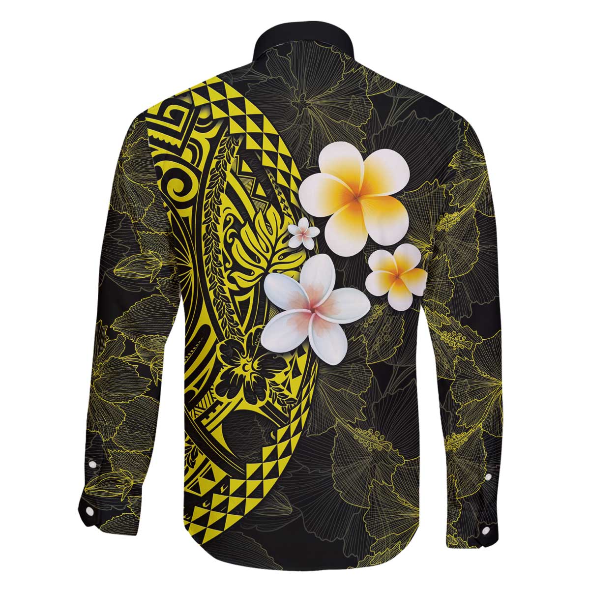 Hawaiian Hibiscus and Plumeria Polynesian Tribal Tattoo Family Matching Off Shoulder Short Dress and Hawaiian Shirt Yellow Color
