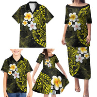 Hawaiian Hibiscus and Plumeria Polynesian Tribal Tattoo Family Matching Puletasi and Hawaiian Shirt Yellow Color