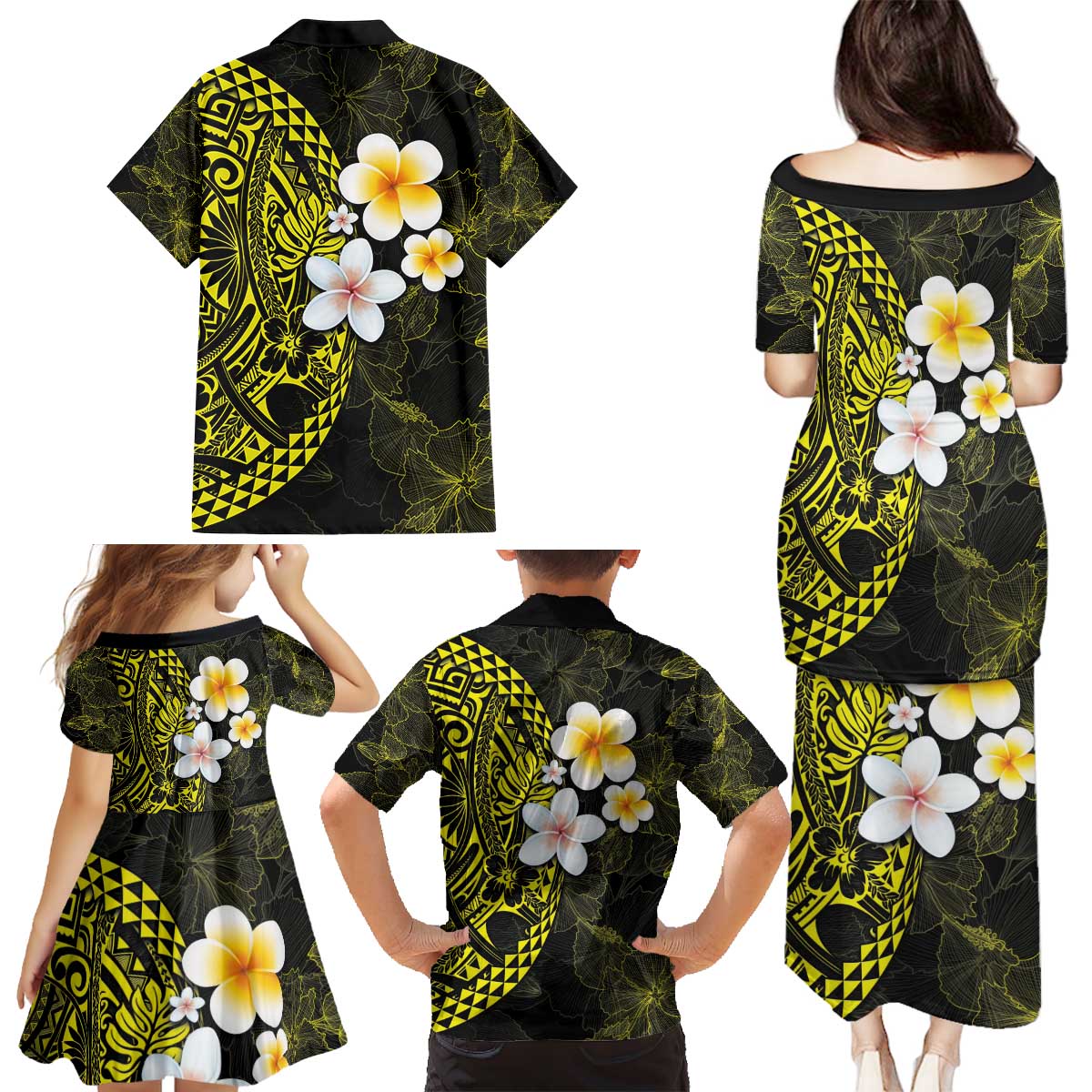Hawaiian Hibiscus and Plumeria Polynesian Tribal Tattoo Family Matching Puletasi and Hawaiian Shirt Yellow Color