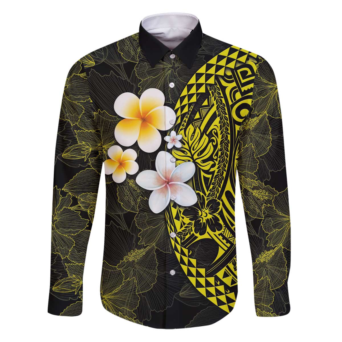 Hawaiian Hibiscus and Plumeria Polynesian Tribal Tattoo Family Matching Puletasi and Hawaiian Shirt Yellow Color