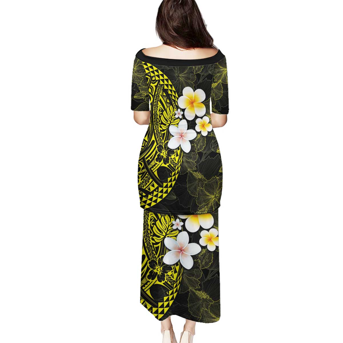 Hawaiian Hibiscus and Plumeria Polynesian Tribal Tattoo Family Matching Puletasi and Hawaiian Shirt Yellow Color