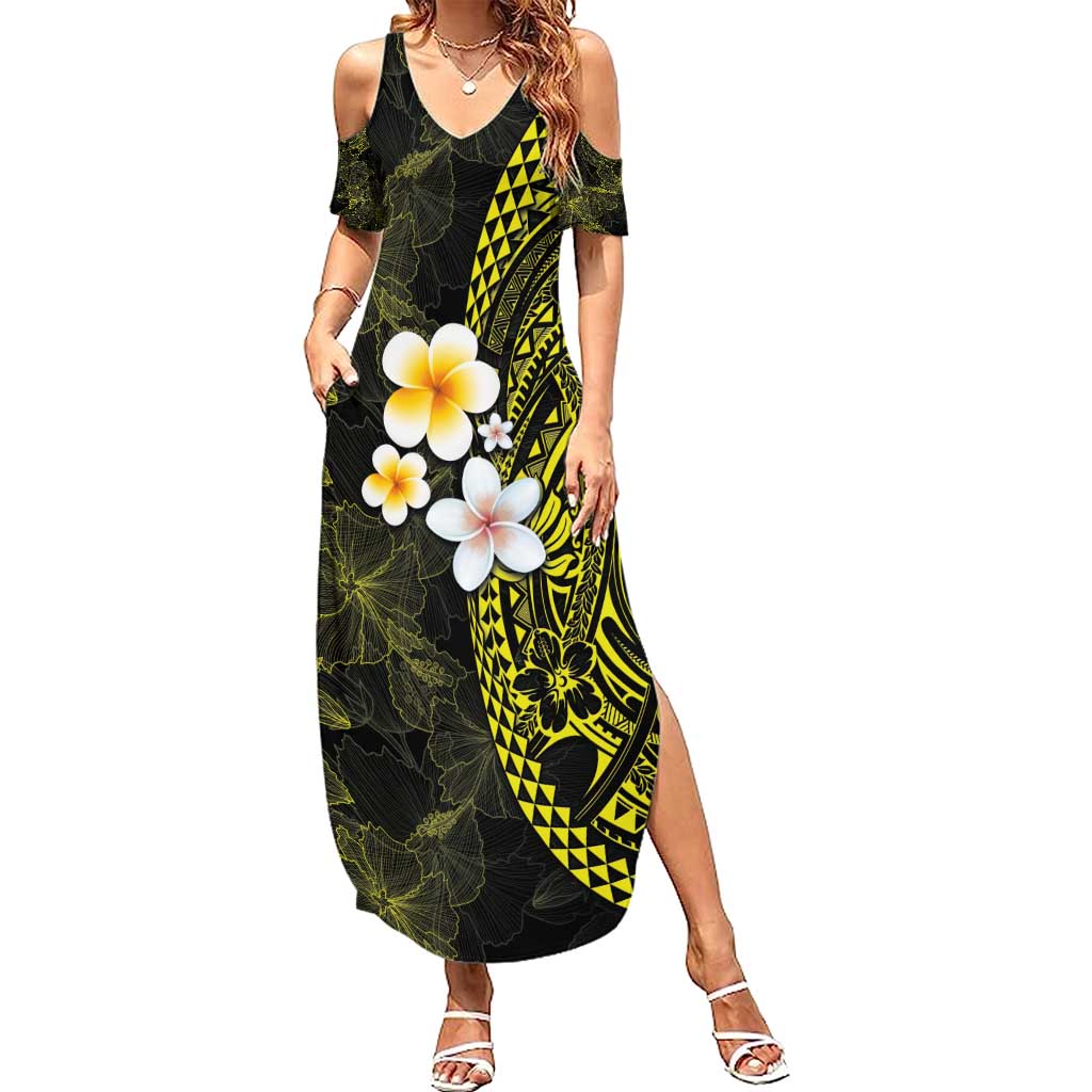 Hawaiian Hibiscus and Plumeria Polynesian Tribal Tattoo Family Matching Summer Maxi Dress and Hawaiian Shirt Yellow Color
