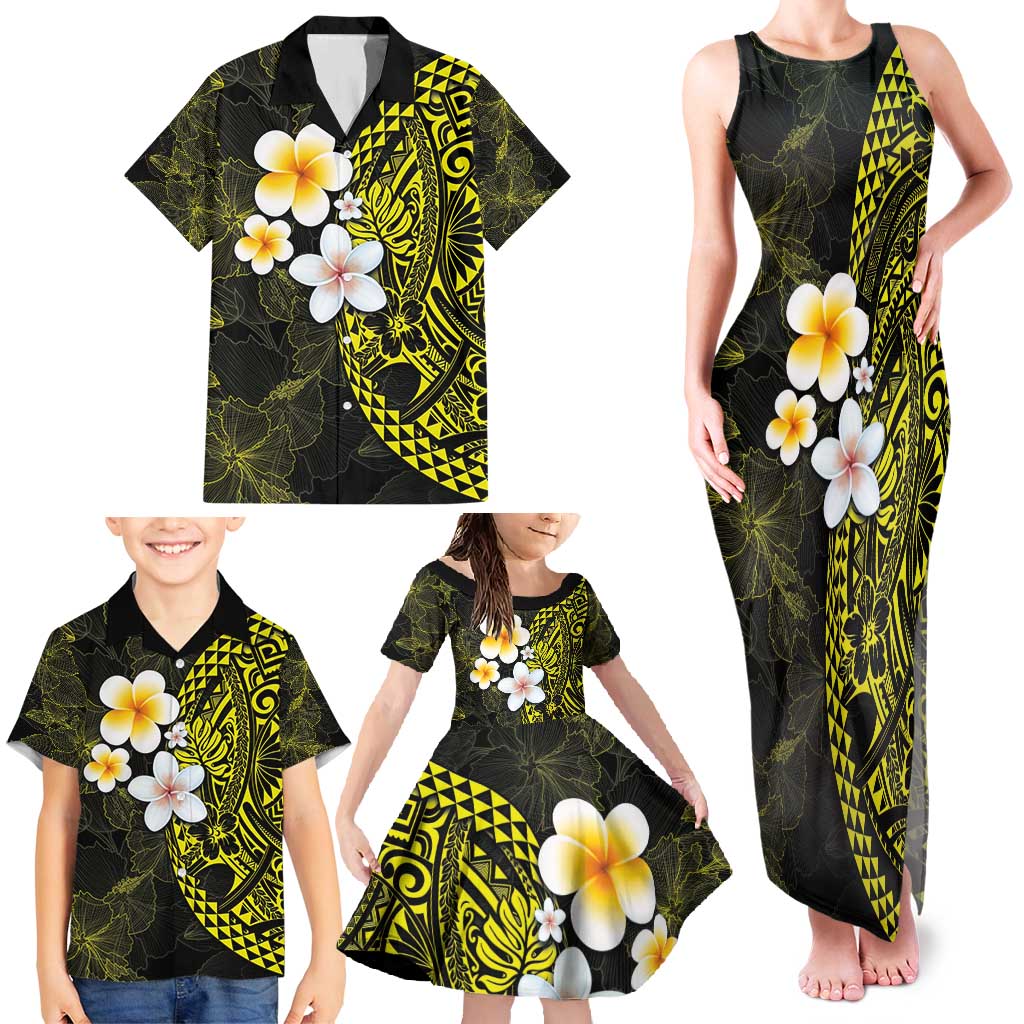 Hawaiian Hibiscus and Plumeria Polynesian Tribal Tattoo Family Matching Tank Maxi Dress and Hawaiian Shirt Yellow Color LT03 - Polynesian Pride