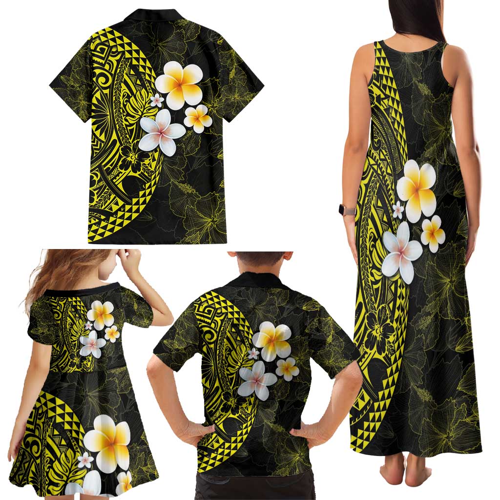 Hawaiian Hibiscus and Plumeria Polynesian Tribal Tattoo Family Matching Tank Maxi Dress and Hawaiian Shirt Yellow Color